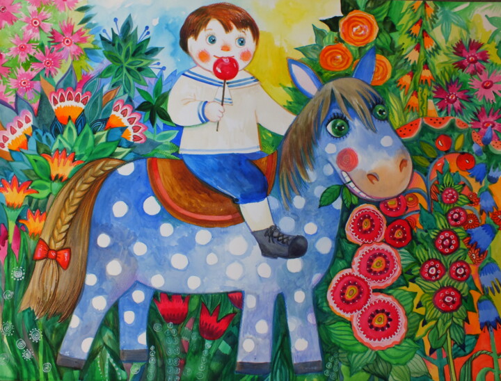 Pittura intitolato "poney" da Oxana Zaika, Opera d'arte originale, Acquarello