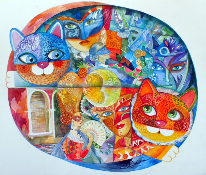 제목이 "Venise Chats"인 미술작품 Oxana Zaika로, 원작, 수채화