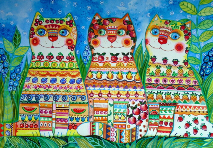 Painting titled "Happy cats" by Oxana Zaika, Original Artwork, Watercolor