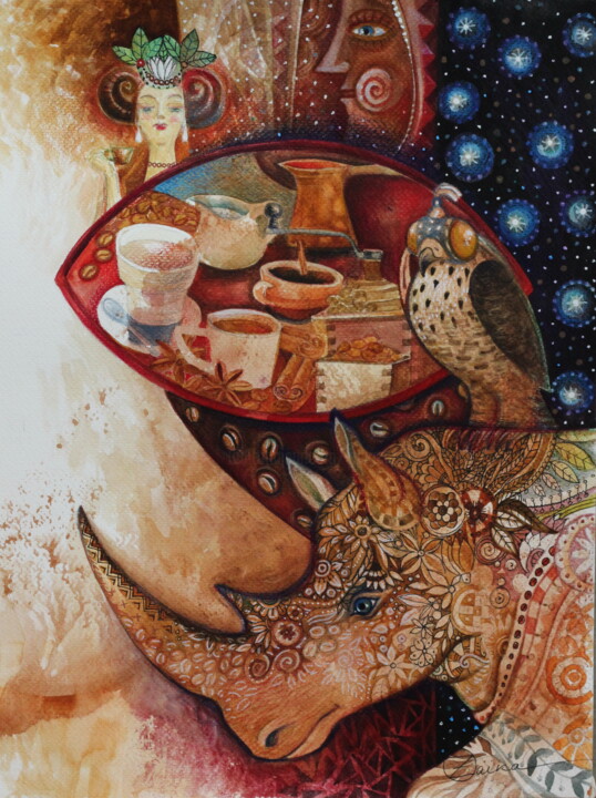 Painting titled "Goddess of coffee" by Oxana Zaika, Original Artwork, Watercolor