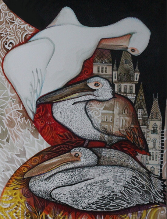 Peinture intitulée "Pélicans" par Oxana Zaika, Œuvre d'art originale, Encre