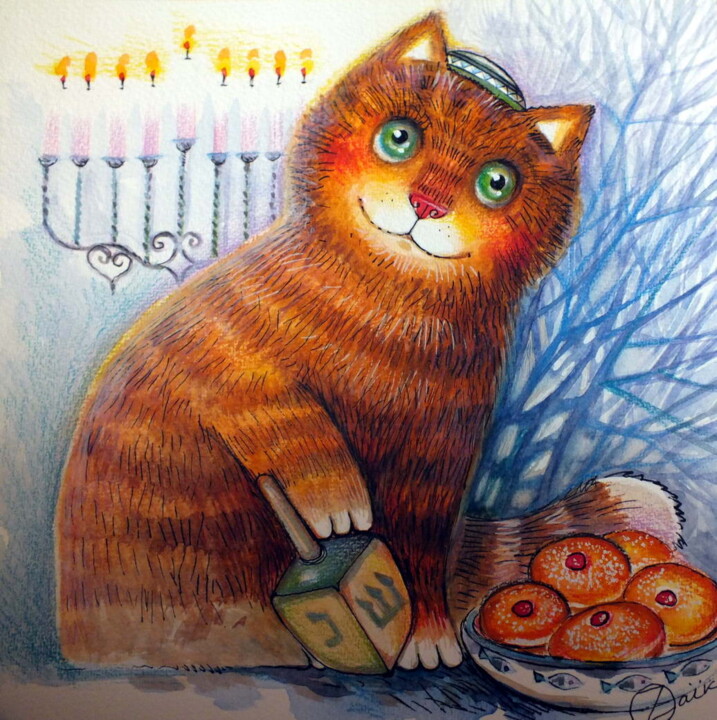Peinture intitulée "happy hanukkah" par Oxana Zaika, Œuvre d'art originale, Aquarelle
