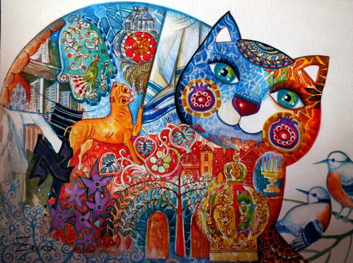 Painting titled "Judaique chat" by Oxana Zaika, Original Artwork, Ink