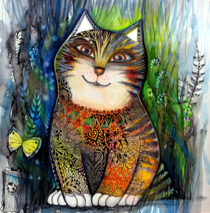Peinture intitulée "Sunny cat" par Oxana Zaika, Œuvre d'art originale, Aquarelle