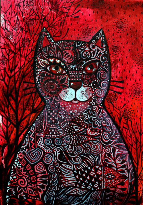 Peinture intitulée "Red cat" par Oxana Zaika, Œuvre d'art originale, Encre