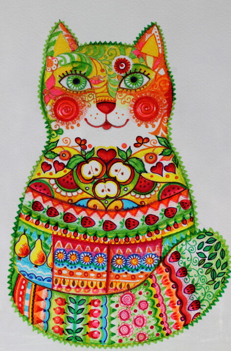 「green-folk-cat.jpg」というタイトルの絵画 Oxana Zaikaによって, オリジナルのアートワーク, 水彩画