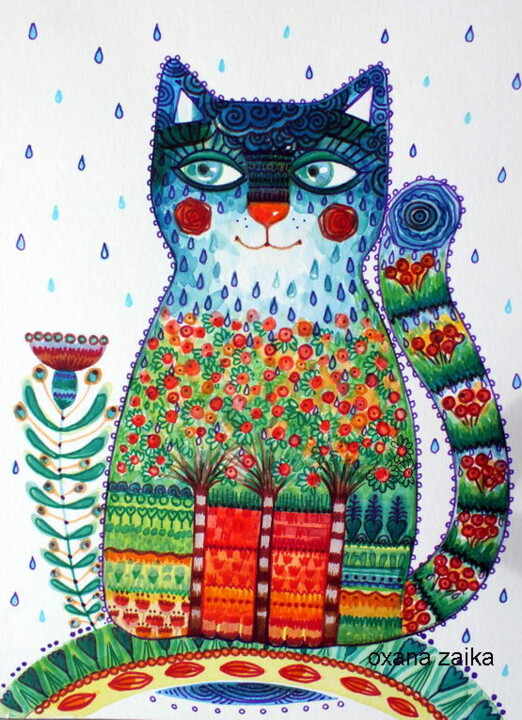 Painting titled "Chat pluie" by Oxana Zaika, Original Artwork, Watercolor