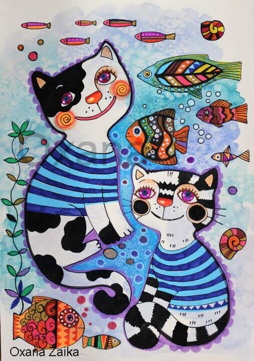 Malarstwo zatytułowany „Sea cats” autorstwa Oxana Zaika, Oryginalna praca, Akwarela