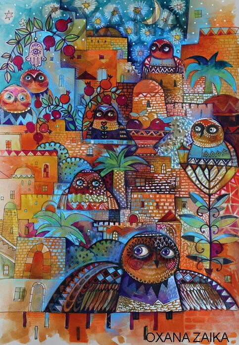 Painting titled "7Jerusalem owls" by Oxana Zaika, Original Artwork, Watercolor