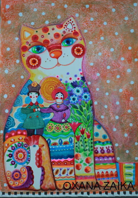 Peinture intitulée "Russian deco cat" par Oxana Zaika, Œuvre d'art originale, Encre