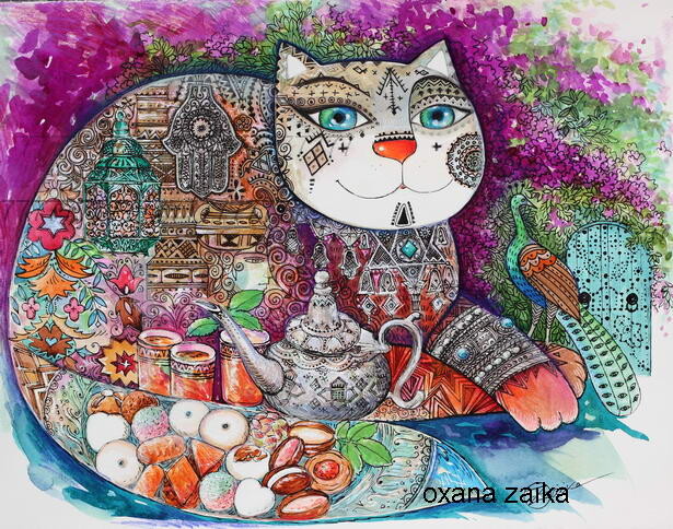 Painting titled "Orient cat" by Oxana Zaika, Original Artwork, Ink
