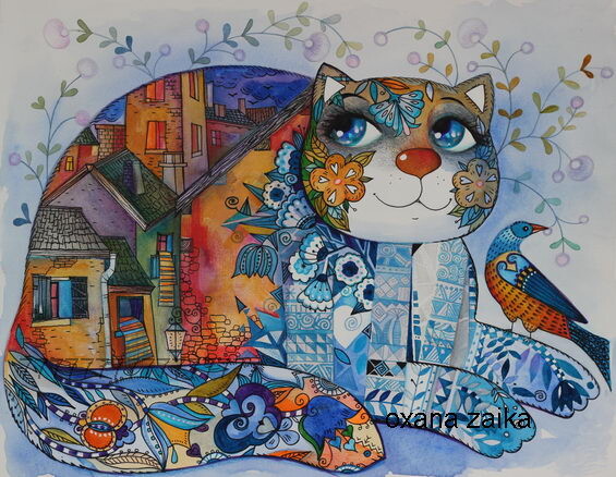 "cobalt cat" başlıklı Tablo Oxana Zaika tarafından, Orijinal sanat, Mürekkep