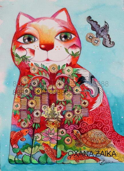 Painting titled "CHAT CHINOISE" by Oxana Zaika, Original Artwork, Watercolor