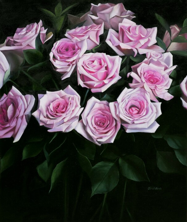 Pittura intitolato "Pink Roses #2" da Oxana Babkina, Opera d'arte originale, Olio