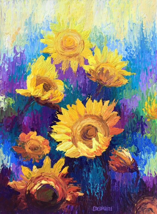 Pittura intitolato ""Sunflowers"" da Oxypoint, Opera d'arte originale, Olio