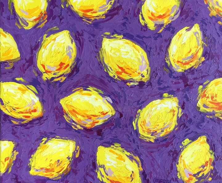 Painting titled ""Lemons"" by Oxypoint, Original Artwork, Oil Mounted on Wood Stretcher frame