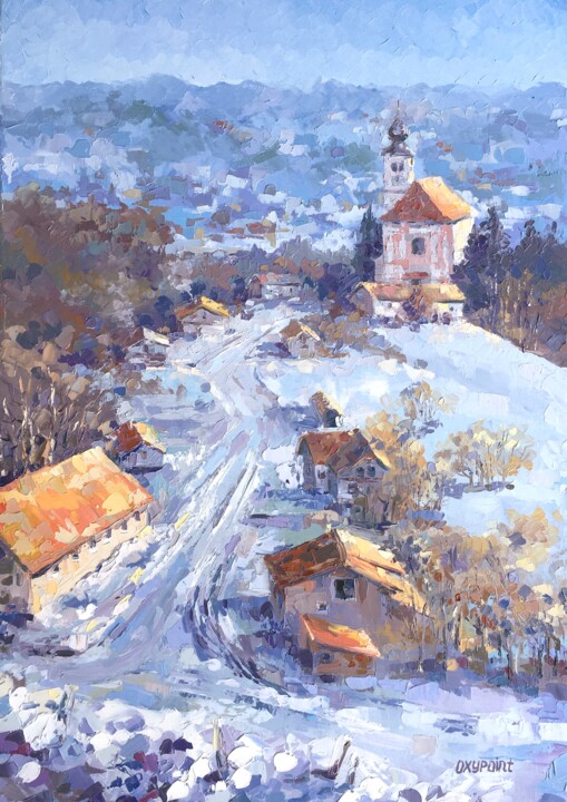 Painting titled ""Winter in Gorca. T…" by Oxypoint, Original Artwork, Oil Mounted on Wood Stretcher frame