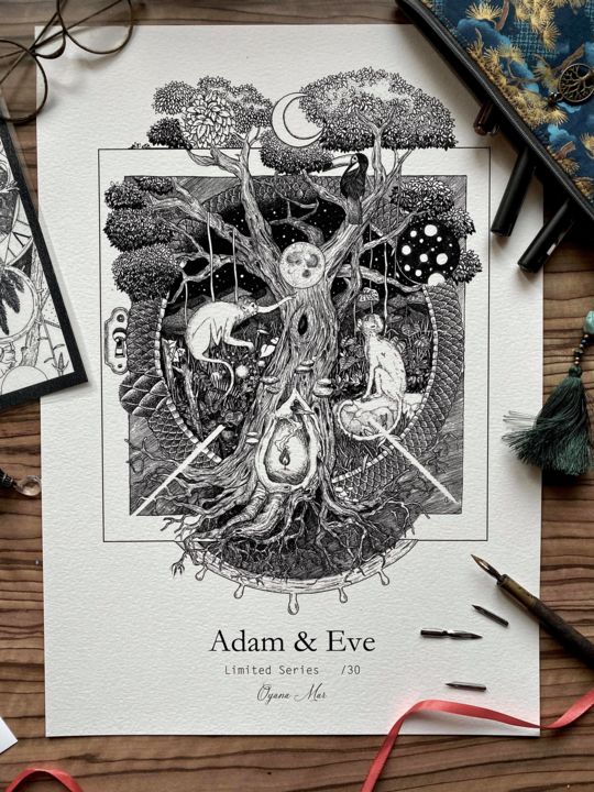Dessin intitulée "Adam et Eve" par Oyana Mar, Œuvre d'art originale, Encre