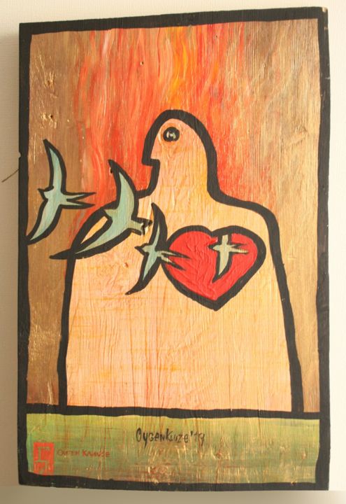 Painting titled "Burds in me" by Oygen Kluze, Original Artwork, Acrylic Mounted on Wood Panel