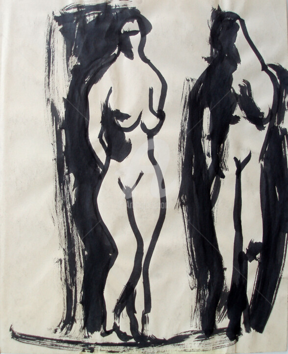 Dessin intitulée "Two Female Figures" par Ozan Adam, Œuvre d'art originale, Encre