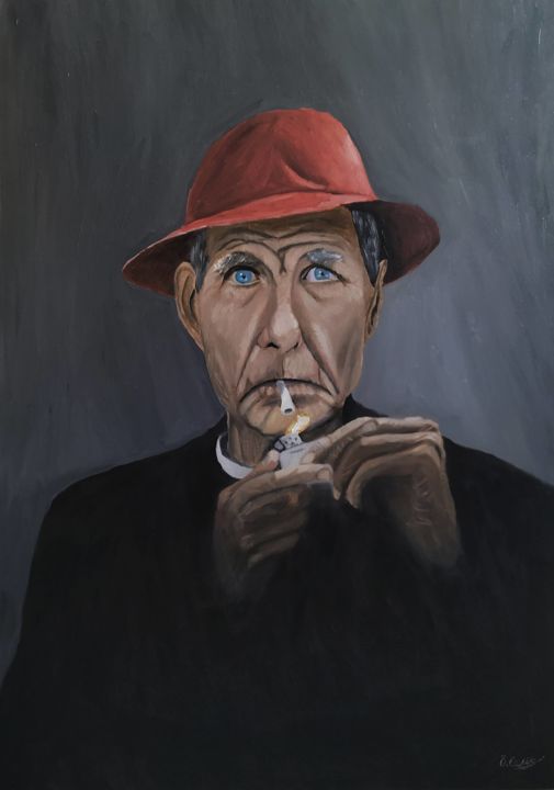 Painting titled "Man with Red Hat" by Özkan Çelik, Original Artwork, Oil Mounted on Wood Stretcher frame
