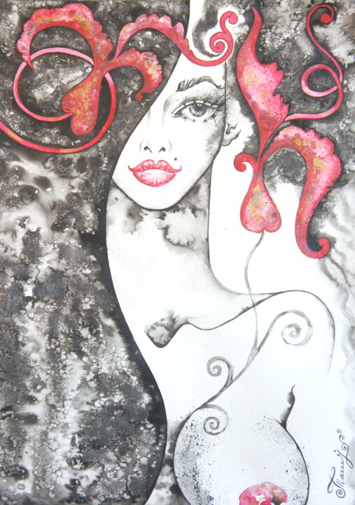 Painting titled "Bather with black h…" by Iryna Tatur, Original Artwork, Ink