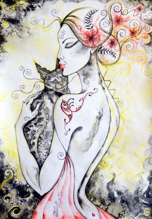 Картина под названием "Magic of Woman" - Iryna Tatur, Подлинное произведение искусства, Чернила