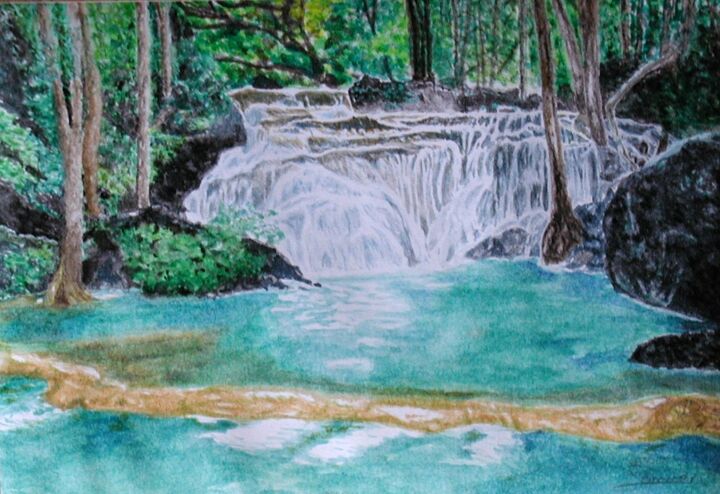 "Waterfalls" başlıklı Tablo P. Le Sommer tarafından, Orijinal sanat, Suluboya