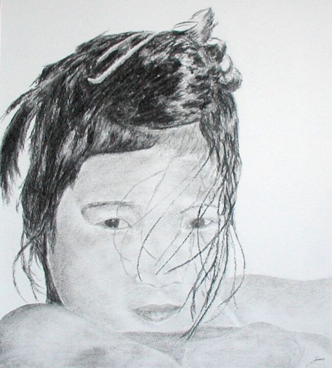 Drawing titled "Petite fille" by P. Le Sommer, Original Artwork, Charcoal