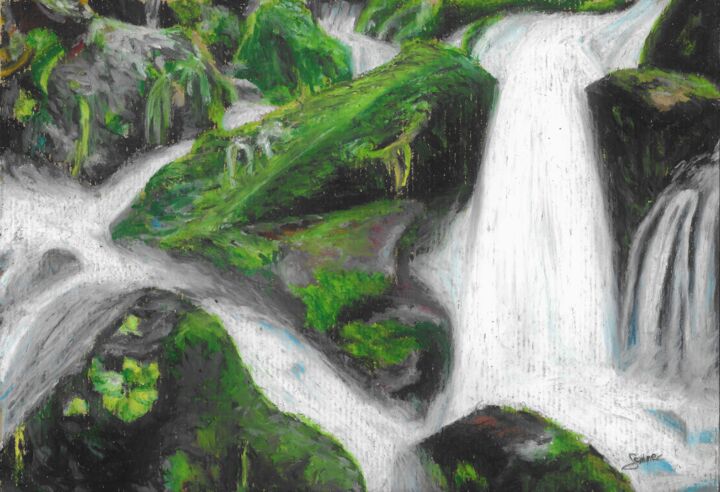 Drawing titled "Cascades" by P. Le Sommer, Original Artwork, Pastel