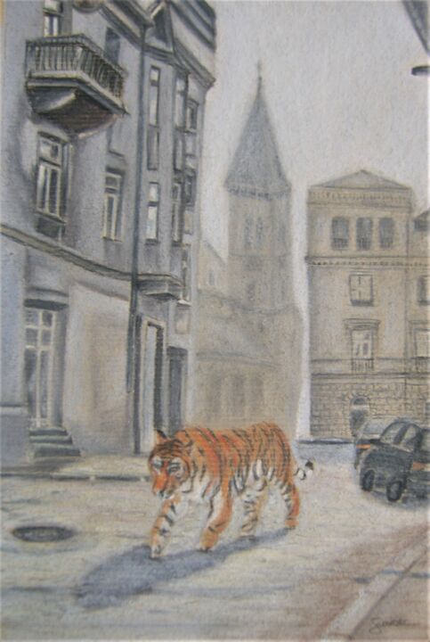 Tekening getiteld "Tiger in the city" door P. Le Sommer, Origineel Kunstwerk, Pastel