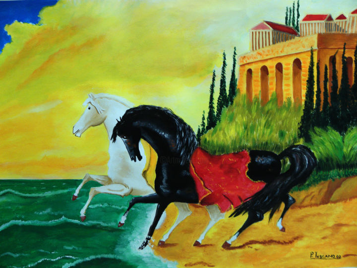 Painting titled "purosangue-con-mare…" by Pietro Tuscano, Original Artwork, Acrylic