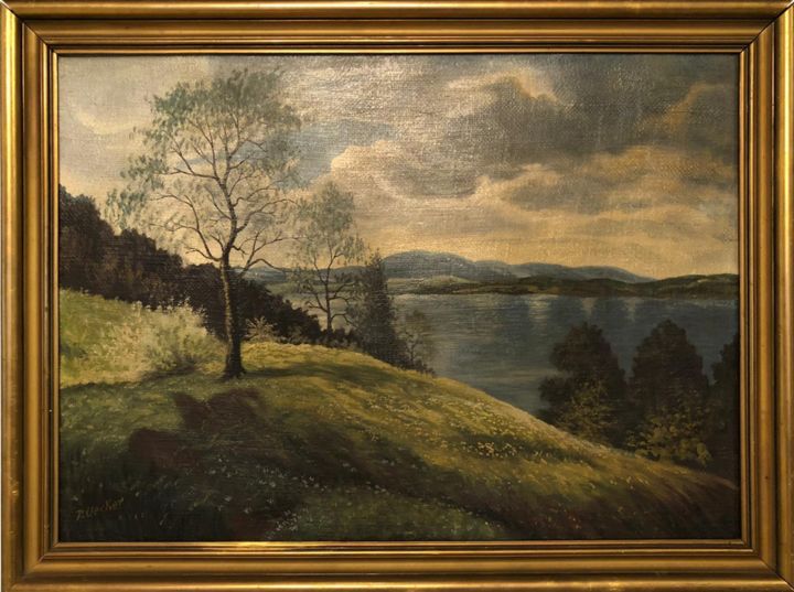 Painting titled "Riverside Landscape" by P. Ueker, Original Artwork, Oil
