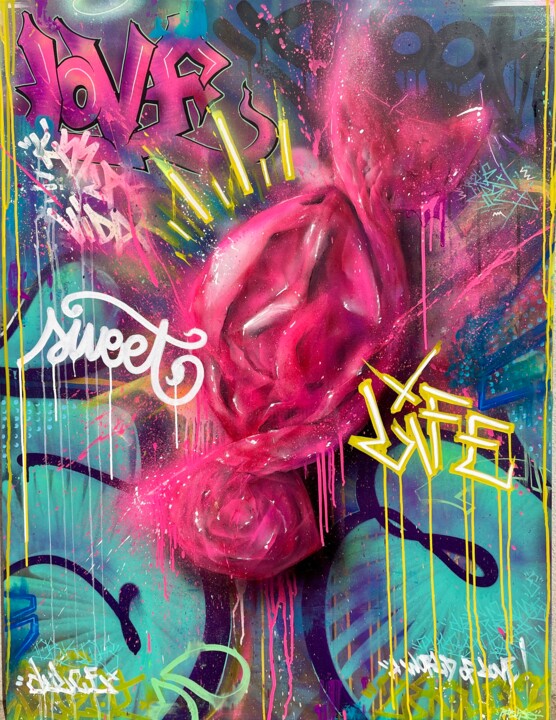 Schilderij getiteld "Sweet Life" door Pablito Mourer, Origineel Kunstwerk, Graffiti Gemonteerd op Frame voor houten brancard