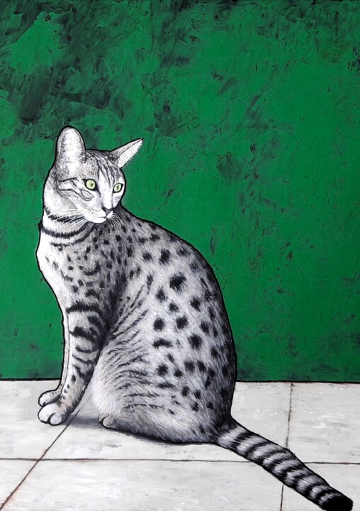 Painting titled "Chat en vert" by Pablo Guillamon, Original Artwork, Acrylic