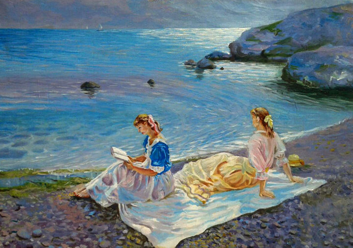 "Mujeres en la playa" başlıklı Tablo Pablo Gutiérrez tarafından, Orijinal sanat, Petrol