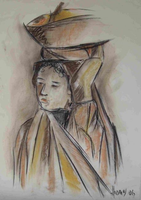 Drawing titled "femme arabe" by Alain Thomas, Original Artwork