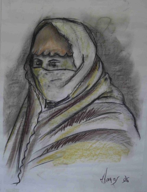 Drawing titled "femme arabe" by Alain Thomas, Original Artwork