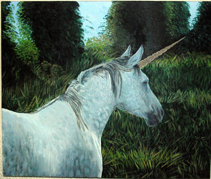 Pintura titulada "unicornioenverde.jpg" por Paco Bacho, Obra de arte original, Oleo