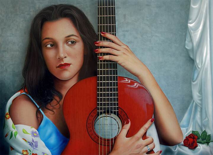 Malarstwo zatytułowany „Amor de guitarra” autorstwa Paco Yuste, Oryginalna praca, Olej