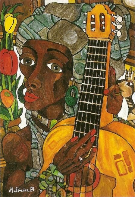 Painting titled "Africana con Guitar…" by Paco Melendez, Original Artwork