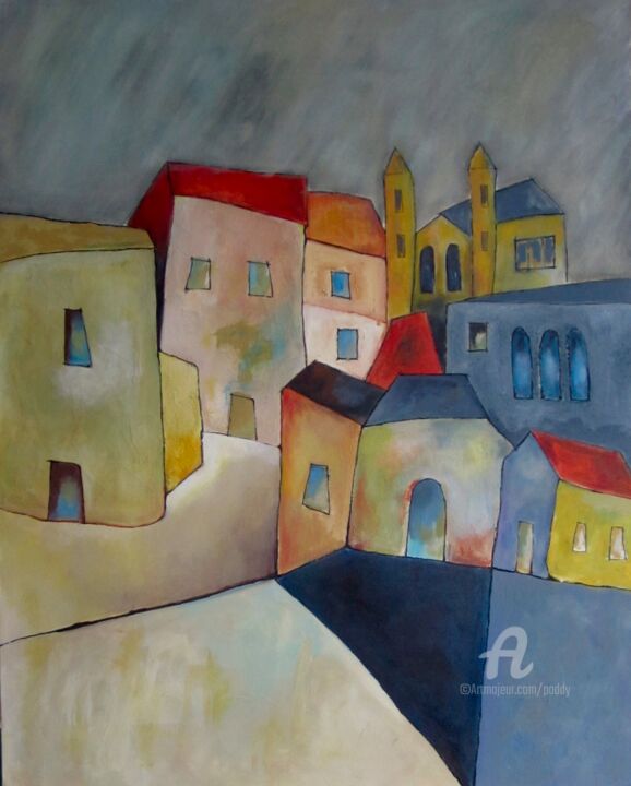 Malerei mit dem Titel "Une ville imaginaire" von Paddy, Original-Kunstwerk, Acryl