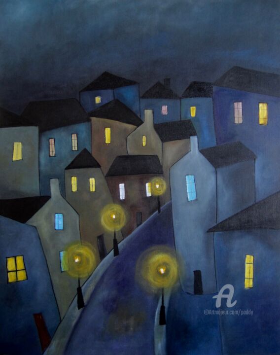 Painting titled "Quand la ville dort" by Paddy, Original Artwork, Acrylic