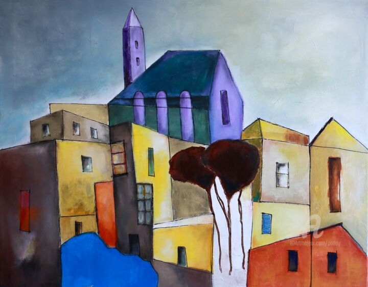 Peinture intitulée "l'église mauve" par Paddy, Œuvre d'art originale, Acrylique