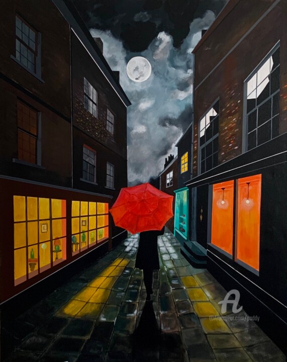 Painting titled "Le parapluie Rouge" by Paddy, Original Artwork, Acrylic Mounted on Wood Stretcher frame
