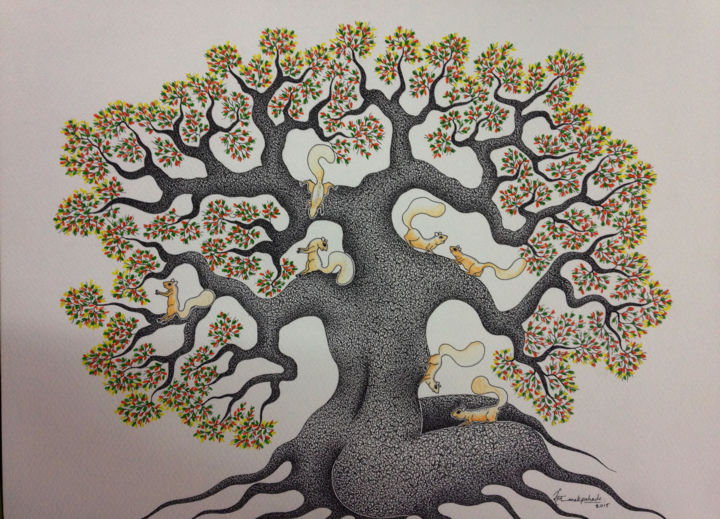 Painting titled "life of tree" by Raj Pahade, Original Artwork, Ink