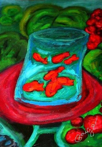 Картина под названием "Fish for Thought" - Paige Gallery, Подлинное произведение искусства, Масло