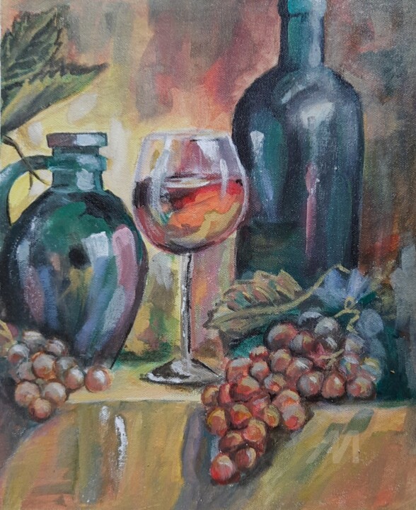 Painting titled "Grapes and wine" by Vindhya Acharya, Original Art, Acrylic