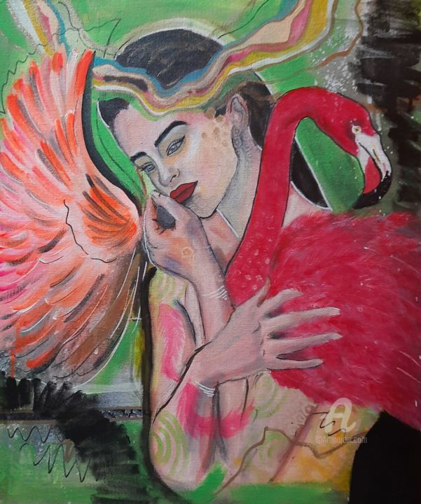 Malerei mit dem Titel "Flamingo" von Vindhya Acharya, Original-Kunstwerk, Acryl