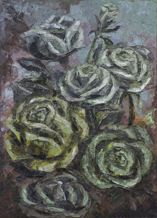 Painting titled "Gloomy roses" by Liby Nathan, Original Artwork, Oil Mounted on Wood Stretcher frame